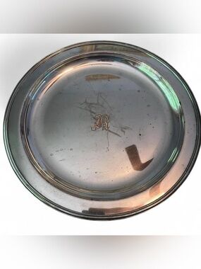 Vintage Silverplate Tray Monogrammed R 13" Rimmed Plate Silver MCM Minimalist